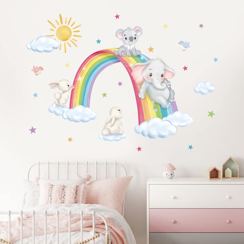decalmile Rainbow Animal Wall Decals Elephant Koala Rabbit Clouds Wall Stickers Baby Nursery Kids Room Living Room Wall Decor - Image 3